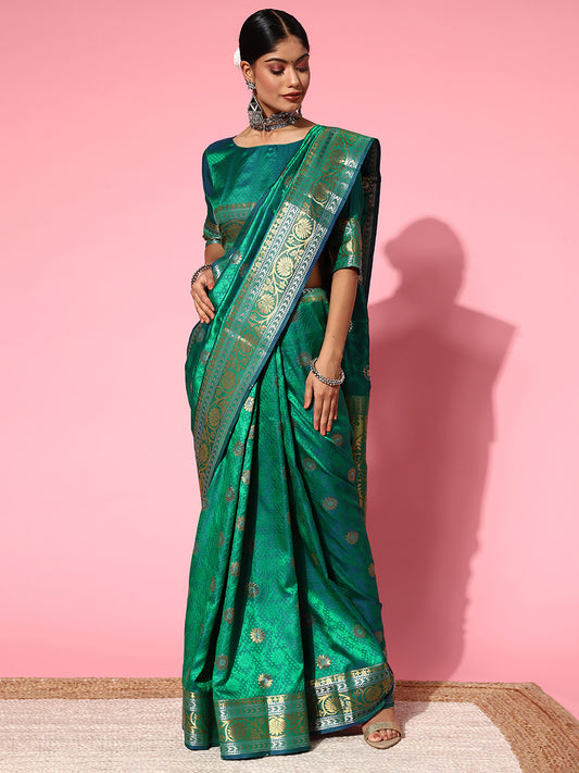 Green Banarasi Silk Saree with Gold Zari Weave