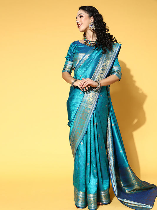 Teal Blue Banarasi Silk With Zari Woven Saree