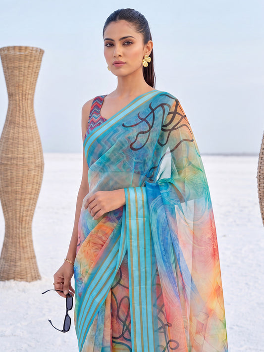 Multicolor Watercolor Abstract Printed Organza Silk Saree
