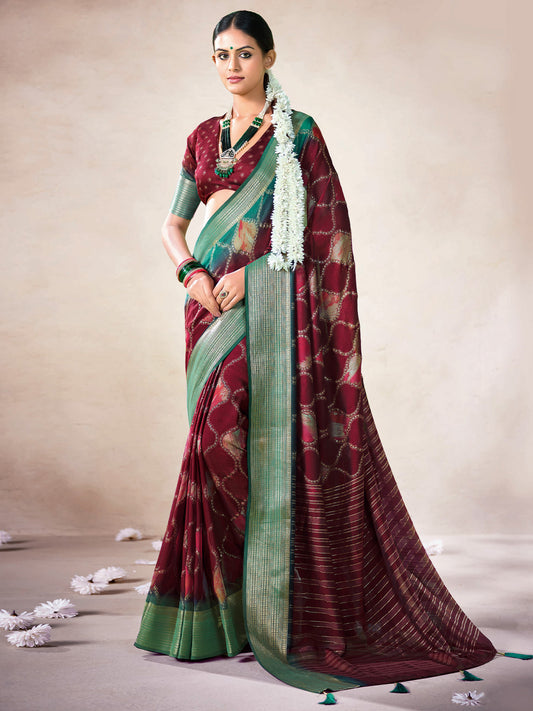 Maroon & Teal Organza Silk Saree |