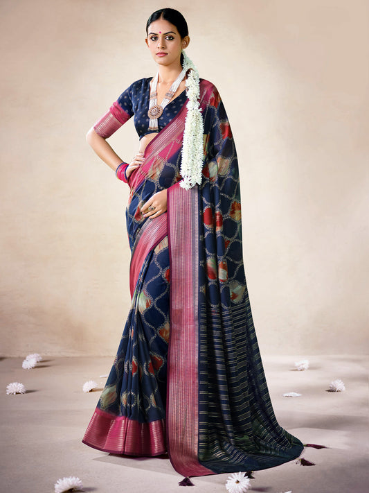Navy Blue Floral Print Georgette Saree with Pink Zari Border