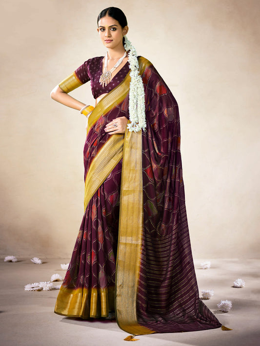 Plum Organza Saree with Gold Zari Border –