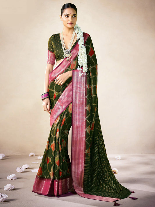 Olive Green Organza Saree with Pink Zari Border