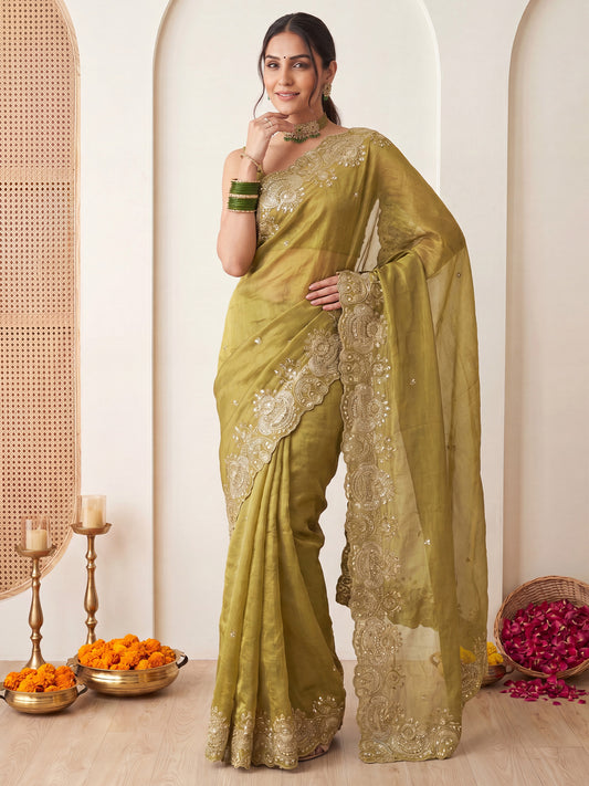 Olive Green Embroidered Satin Silk Saree