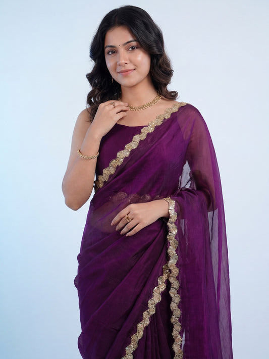 Wine Purple Tissue Silk Gota Patti Scalloped Border Saree
