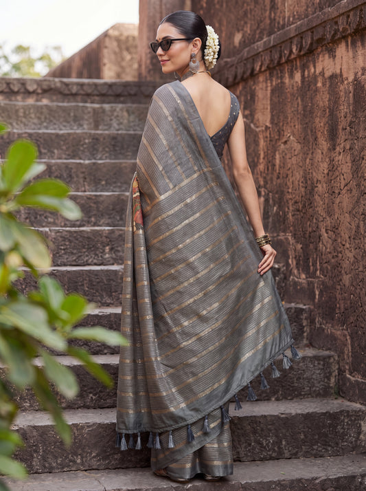 Shreya Grey Kalamkari Kota Doria Cotton Saree with Solid Border & Grey Blouse Piece