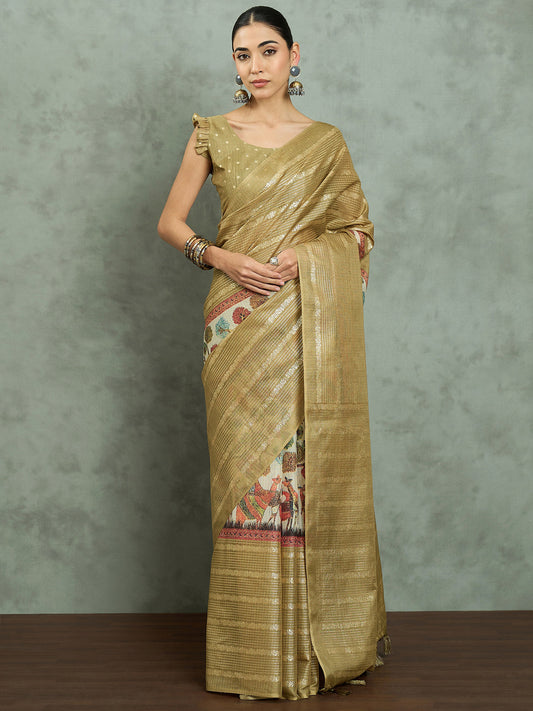Antique Gold Kota Doria Cotton Zari Tissue Metallic Zari Weave with Floral Printed