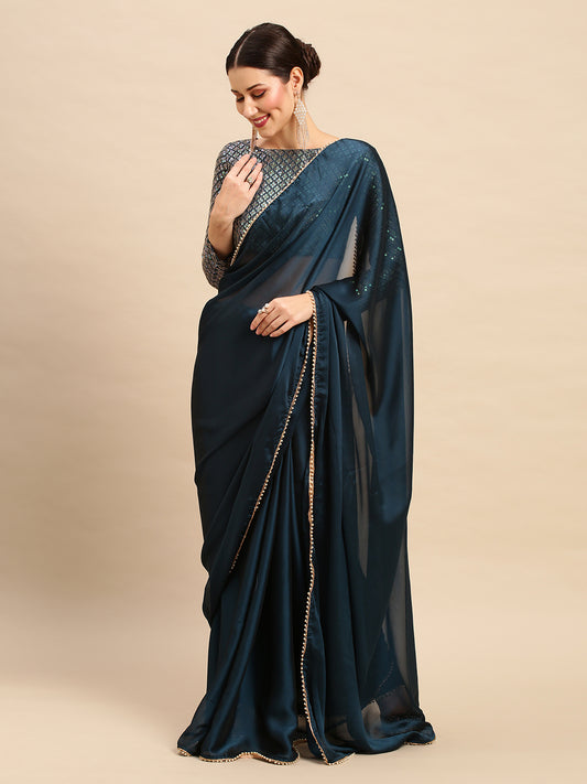 Deep Teal-Blue Georgette Saree