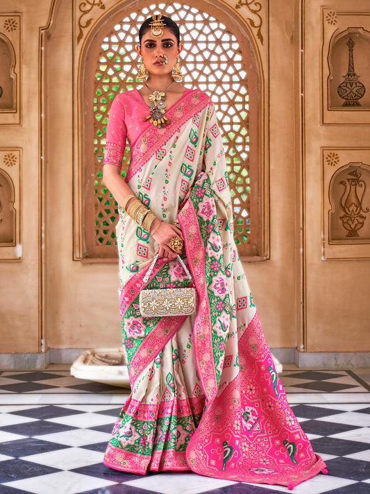 Off-White & Pink Silk Blend Heritage Patola Style Saree
