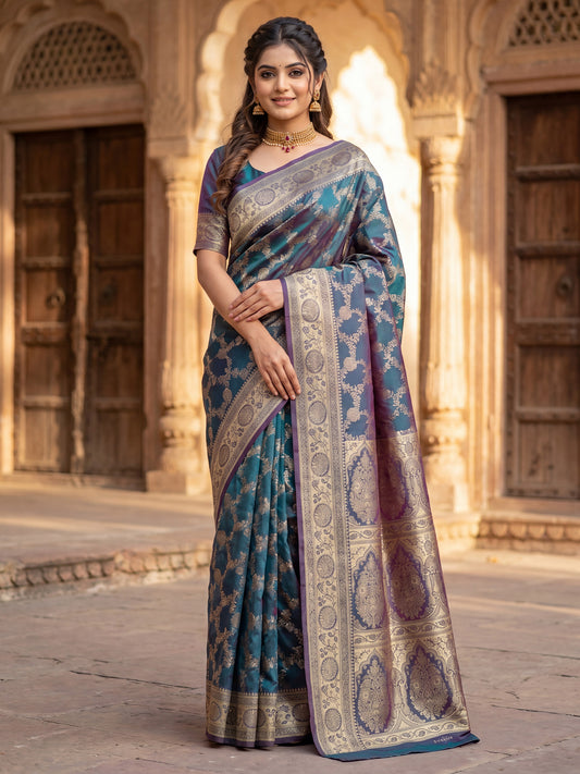 Saree Majestic Teal Green and Melted Purple Dual-Tone Banarasi Silk
