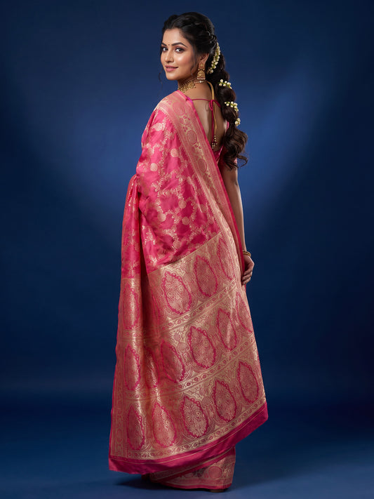 Saree Traditional Rose Pink Floral Jal Banarasi Silk
