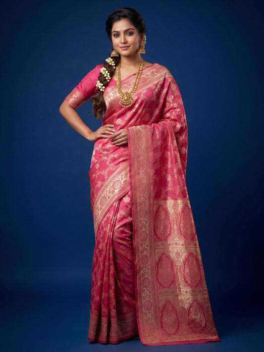 Saree Traditional Rose Pink Floral Jal Banarasi Silk
