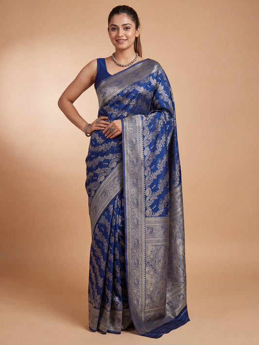Saree Royal Indigo Blue Foliage Vine Banarasi Silk