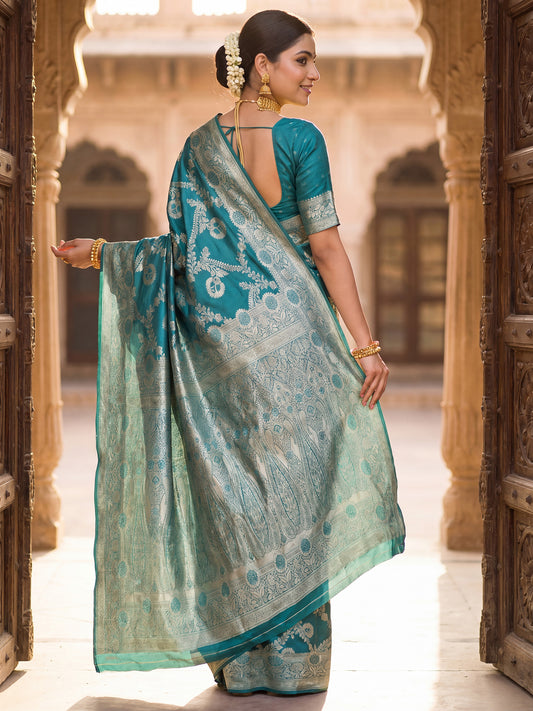 Saree Heirloom Rama Green Diagonal Foliage Banarasi Silk