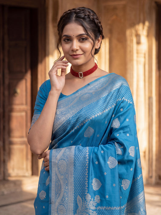 Saree Royal Indigo Blue Arch Frame & Buta Banarasi Silk
