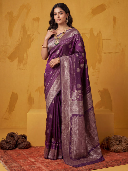 Saree Radiant Magenta Purple Floral Labyrinth Banarasi Silk