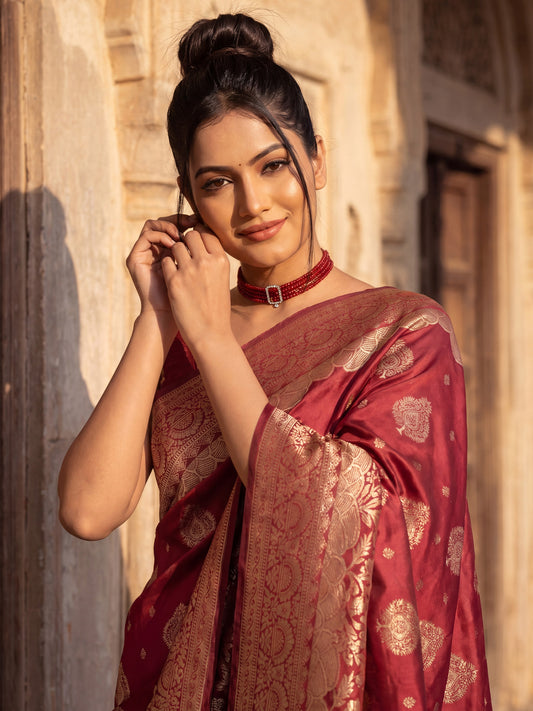 Crimson Red wine Banarasi Silk Saree