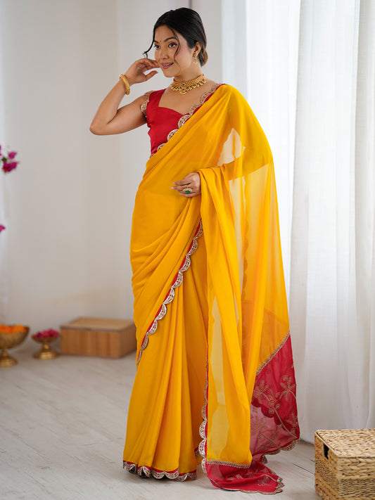 Yellow & Red Georgette Saree with Embroidered Pallu