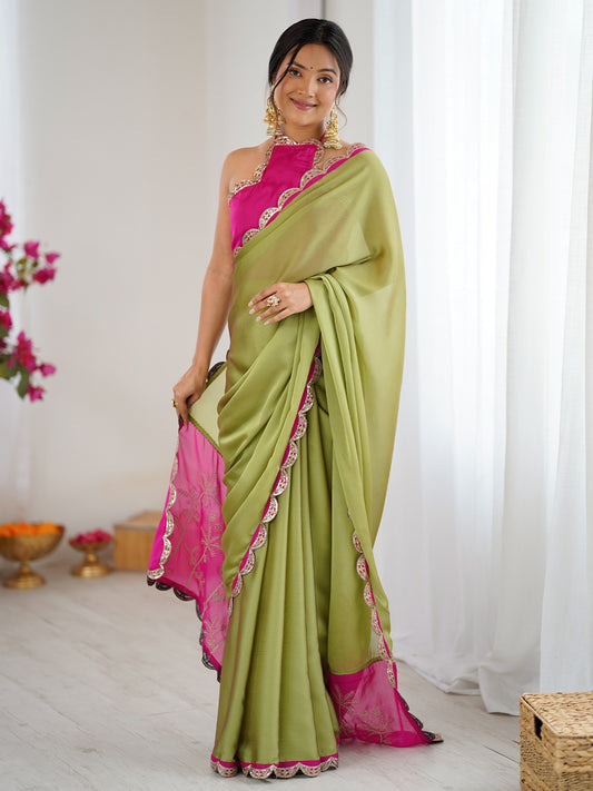 Olive Green & Pink Organza Saree with Scallop Border & Blouse
