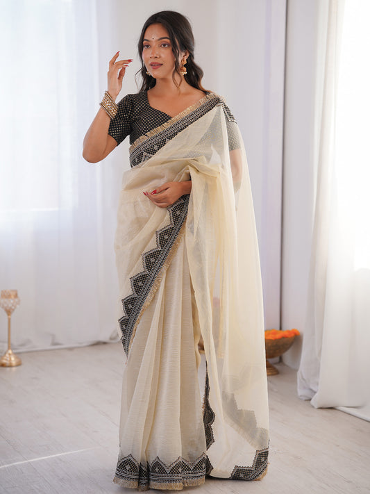 Ivory Saree with Black Geometric Border Blouse