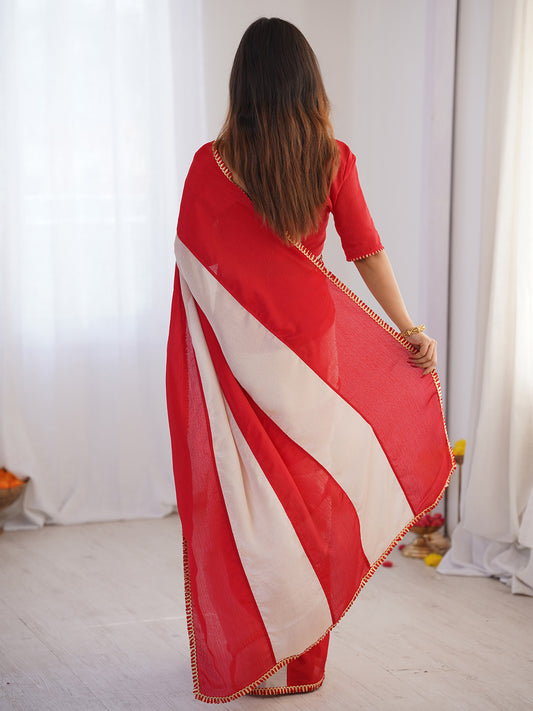Red & White Striped Georgette Saree with Gold Lace Border