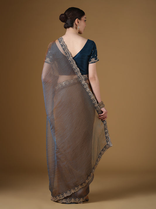 Grey Organza Saree with Teal Embroidered Blouse | GOPI6201