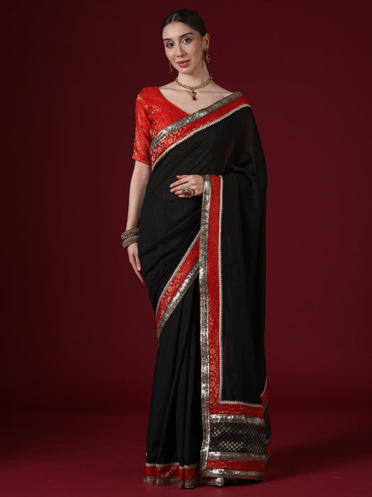 Black Georgette Saree with Red Banarasi Border & Gold Sequin Work