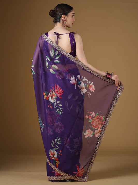 Purple Floral Organza Saree with Embroidered Border