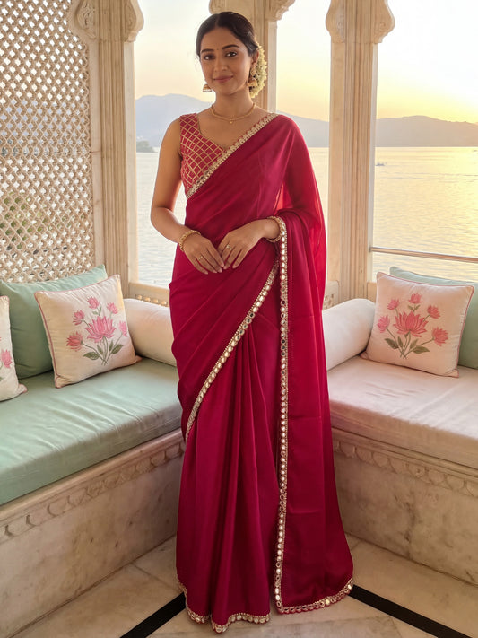 Rani Pink Georgette Saree with Mirror Work Border
