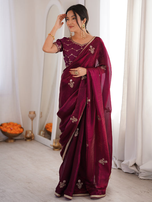 Wine Organza Silk Blend Saree