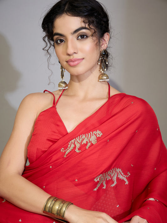 Red Georgette Sequin Embroidered Saree