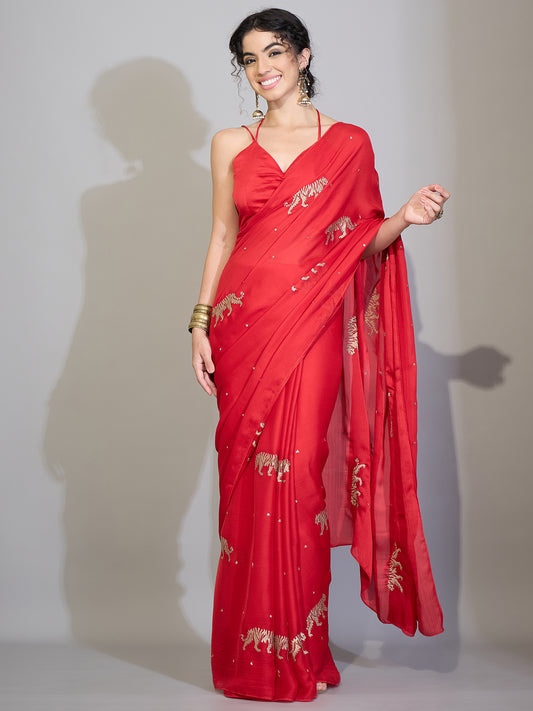 Red Silk Saree with Embroidered Tiger Motifs