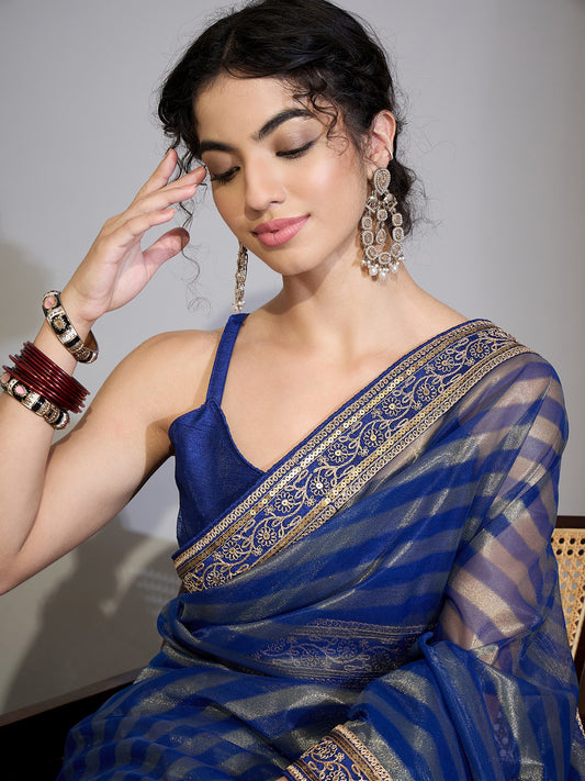 Royal Blue Organza Zari Stripes & Embroidered Border Saree