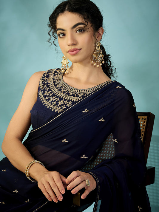 Navy Blue Georgette Embroidered Saree
