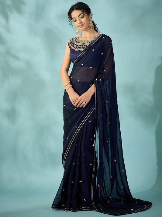 Navy Blue Georgette Embroidered Saree