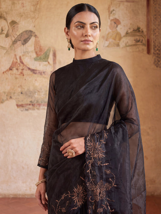 Black Organza Floral Embroidery Saree