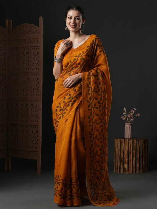 Mustard Jamdani Cotton Silk Saree