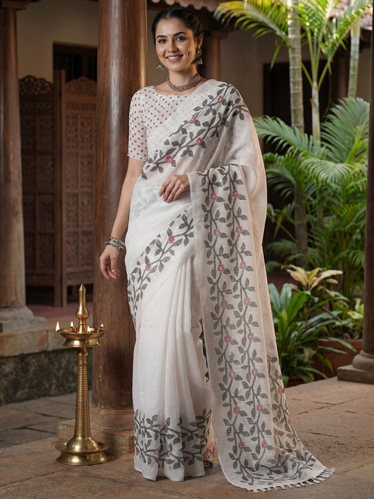 Ivory Jamdani Linen Cotton Saree with Woven Olive & Pink Botanical Vine, Large Vine Pallu, Tassel Fringe & Buti Blouse