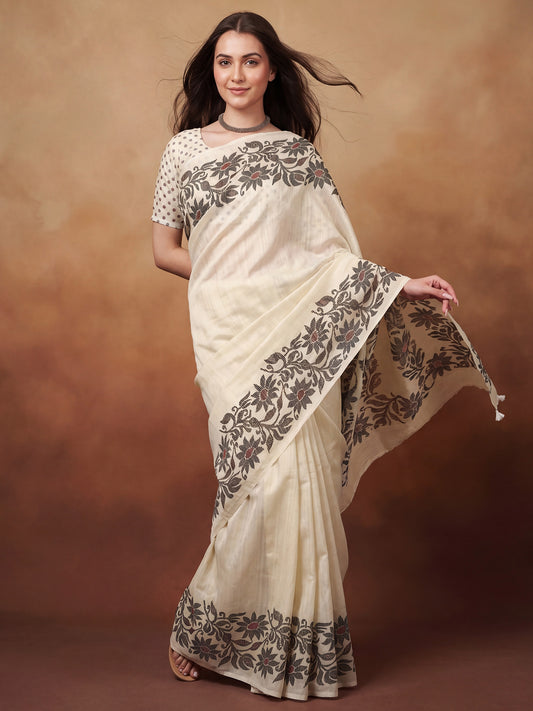Cream Tussar Silk Madhubani Inspired Floral Print Saree