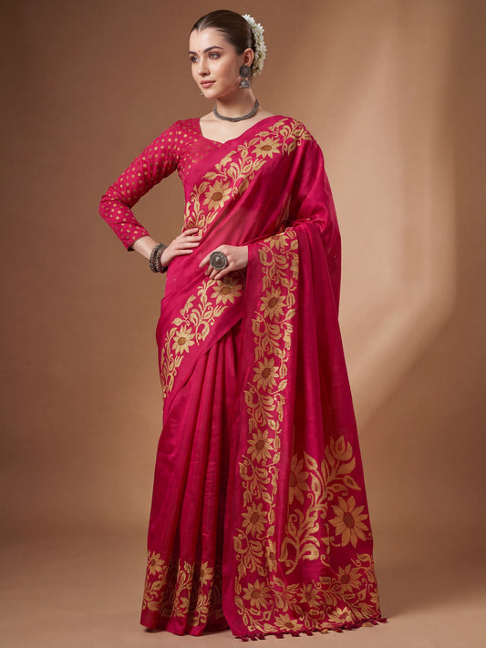 Rani Pink Tussar Silk Madhubani Inspired Floral Print Saree