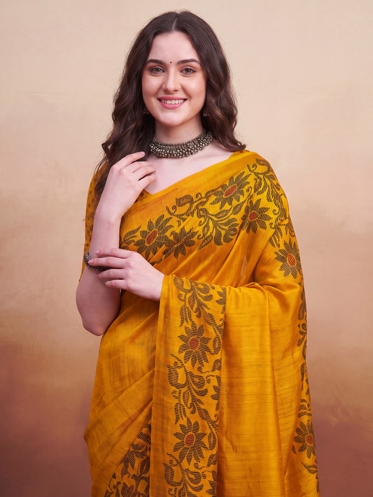 Mustard Yellow Tussar Silk Madhubani Inspired Floral Print Saree