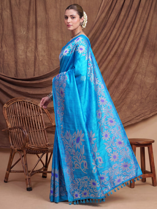 Sky Blue Tussar Silk Madhubani Inspired Floral Print Saree