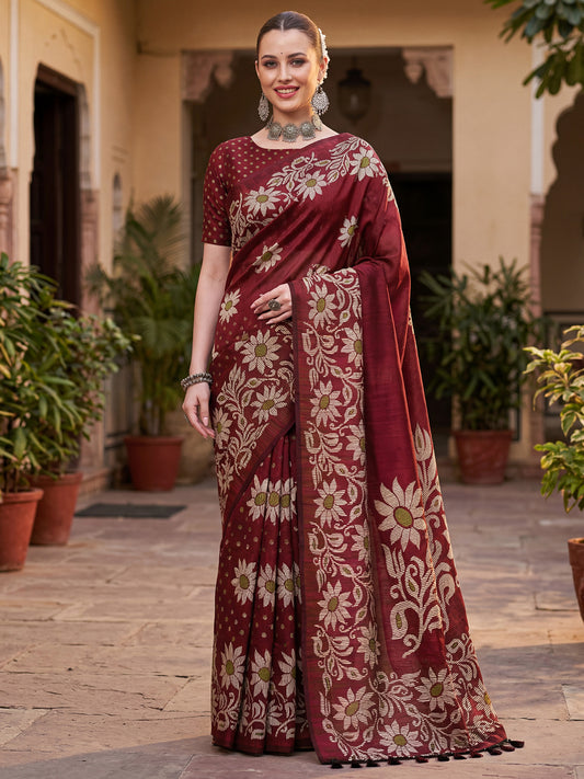 Maroon Cotton Slub Saree