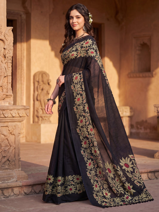 Black Tussar Silk Madhubani Inspired Floral Print
