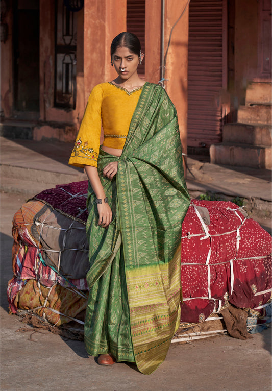 Green Printed Saree with Mustard Yellow Embroidered Blouse