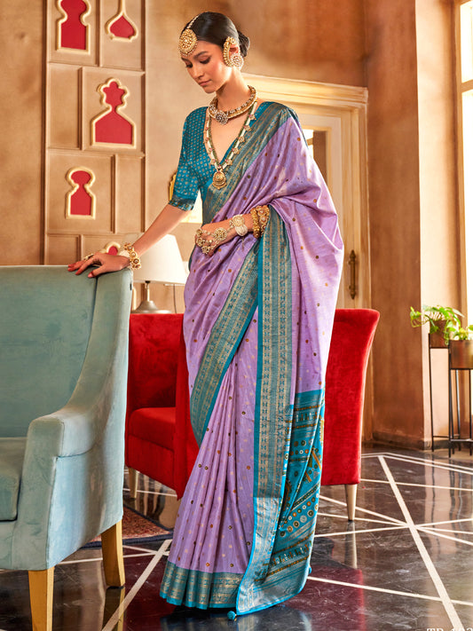 Lavender Patola Silk Teal Blue Zari Printed Border Saree
