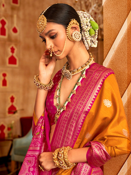 Mustard & Pink Patola Silk Saree with Bandhani Pallu