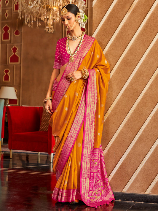 Mustard & Pink Patola Silk Saree with Bandhani Pallu
