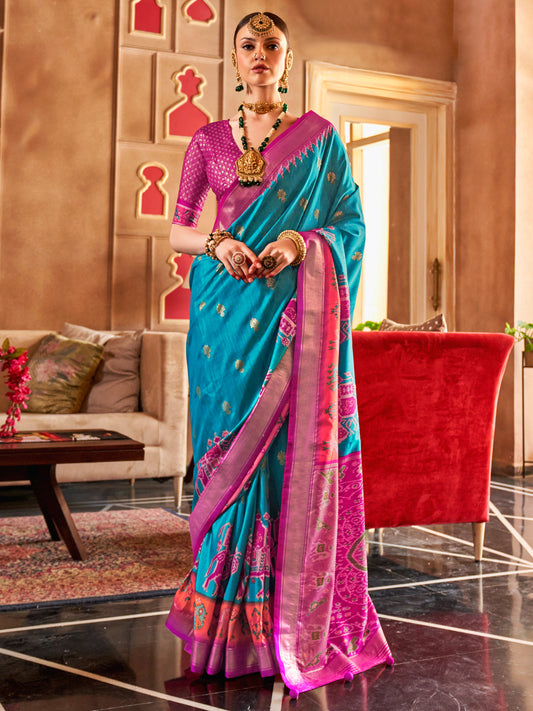 Light Blue Silk Blend Rani Pink Zari Print Border Saree