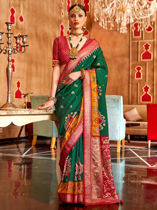 Olive Green Patola Silk Blend Pink Zari Woven Border Saree